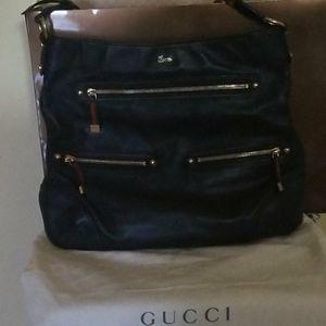 Gucci Black Leather Hobo Tote Bag Gold Hardware